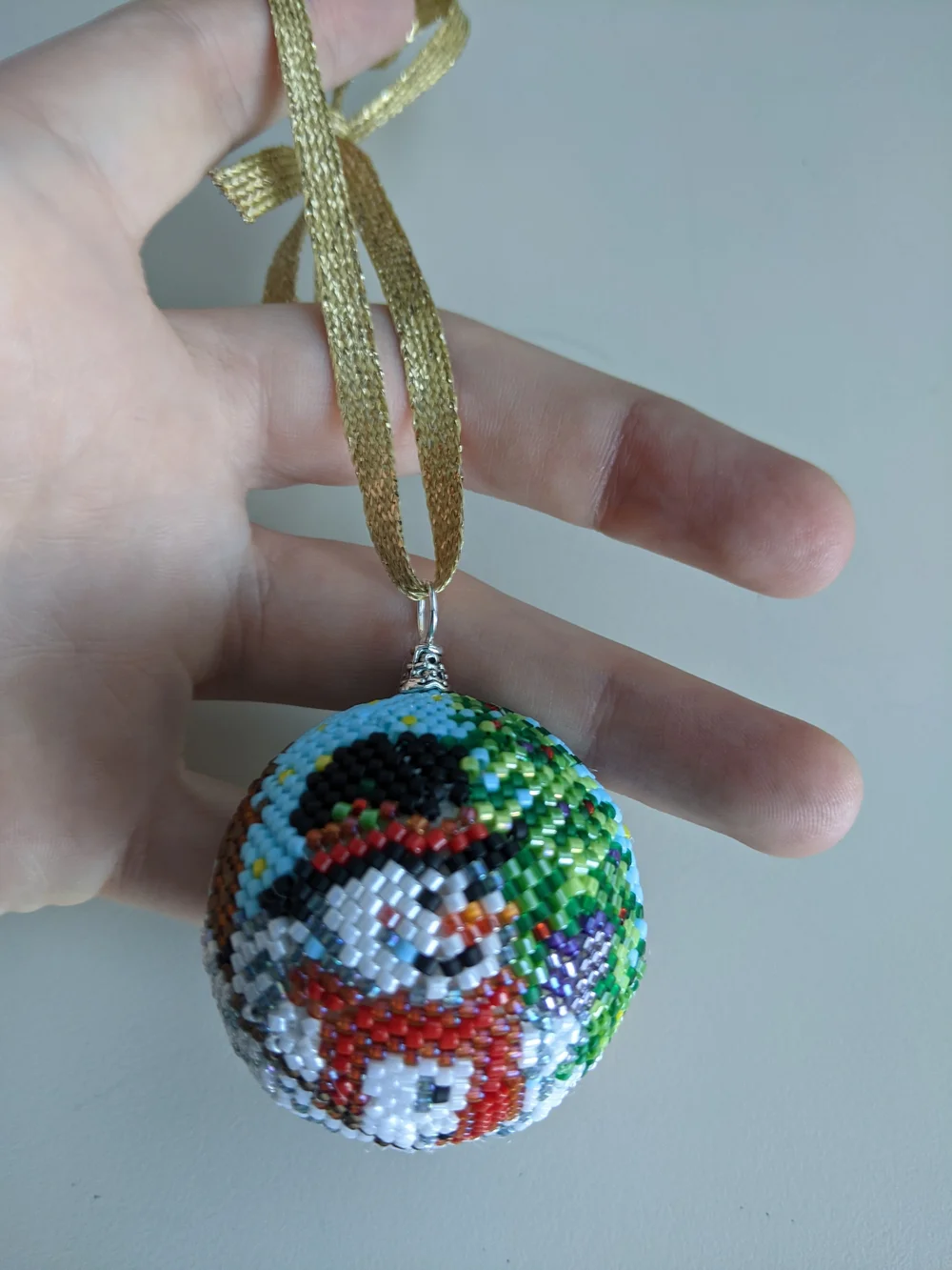 Handcrafted Beaded Snowman Ornament - Blue, Green, Red